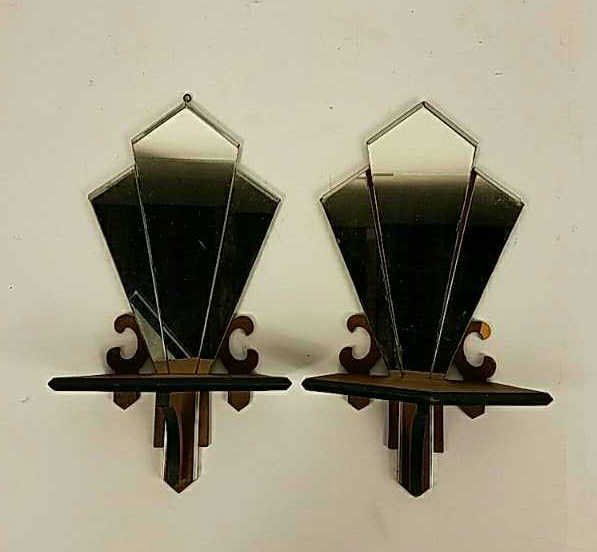 PAIR OF SMALL ART DECO MIRRORED WALL SHELVES (1 of 3)