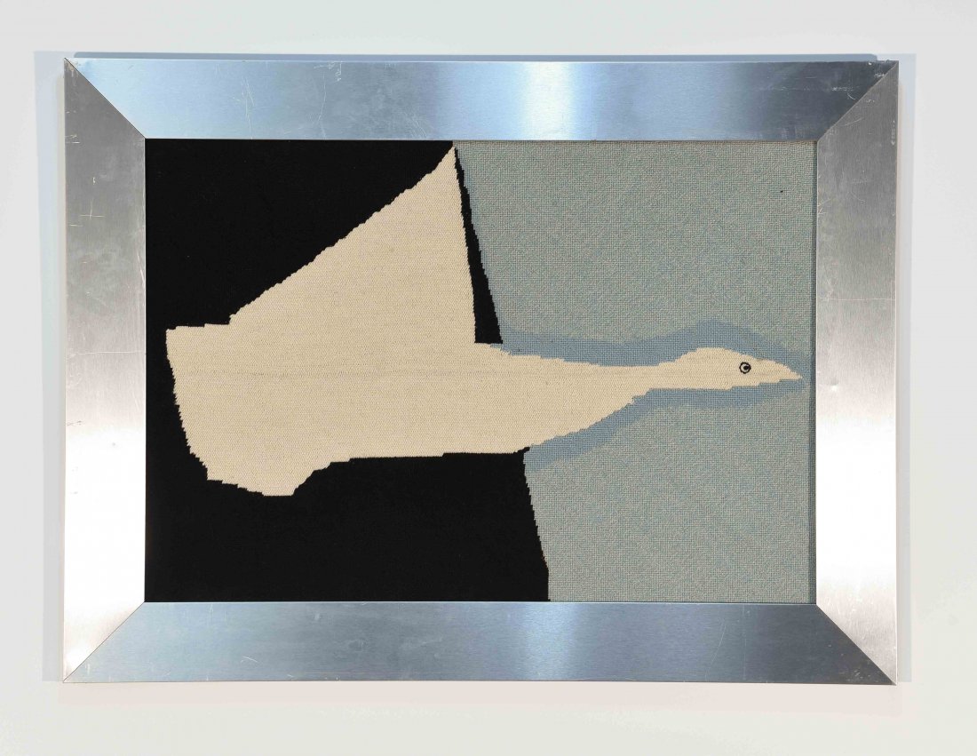 MID-CENTURY ABSTRACT BIRD NEEDLEPOINT: Aluminum frame. Dimensions: Frame H 24.75" x W 33" Condition: some scratching to frame surface.