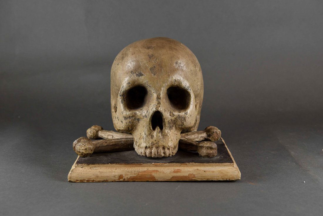 HAND CARVED WOODEN SKULL AND CROSS BONES (1 of 8)