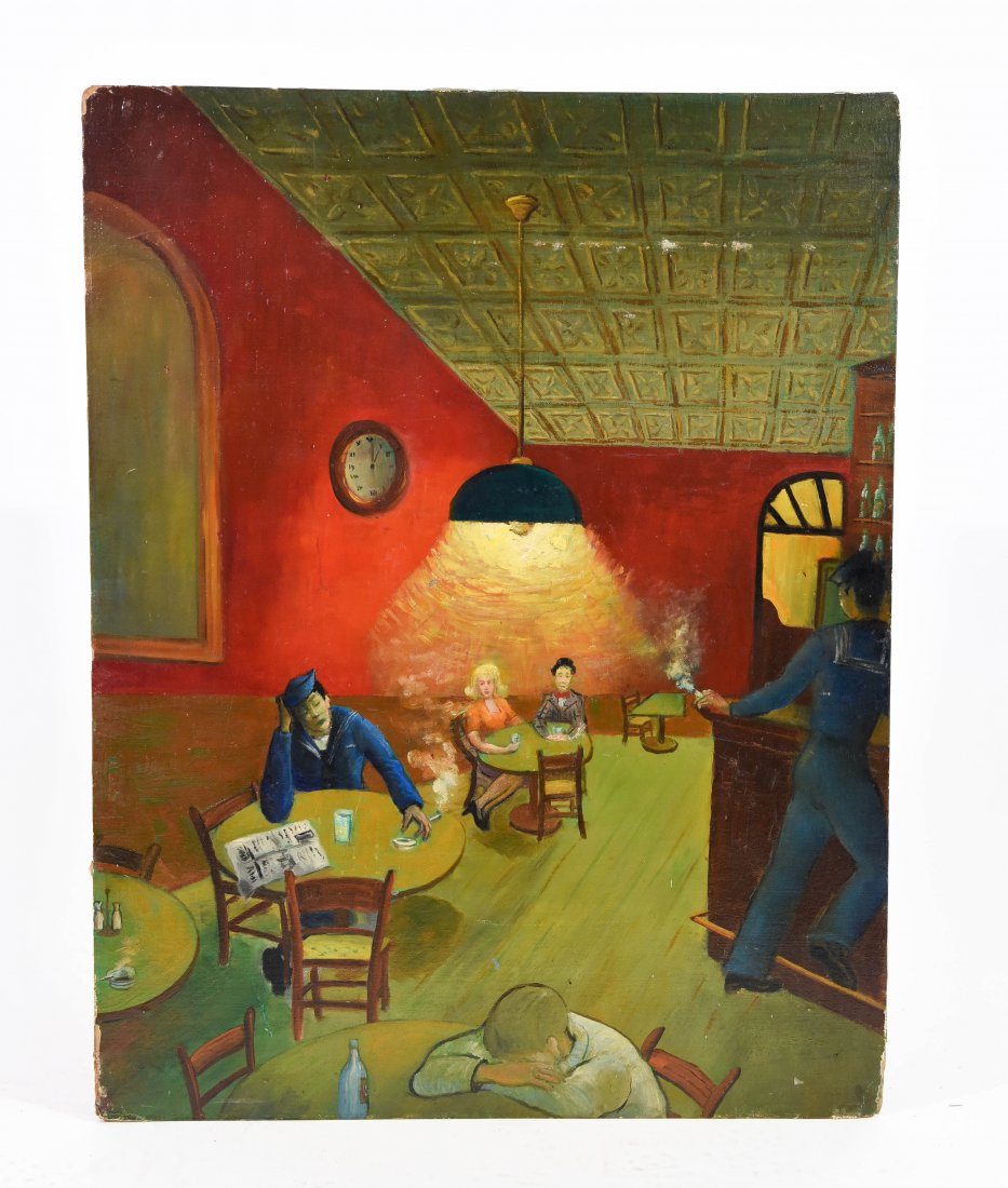 RUDOLF ANTON BERNATSCHKE (AUSTRIA 1913- ): Untitled (BAR SCENE WITH SAILORS),1944Oil on board, signed and dated 44 Dimensions: H 28" x W 21.75" Condition: Few scuffs, scratches, and chips to painting. Heavy wear to corners.