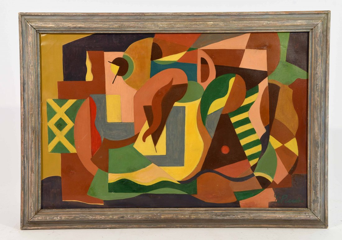 AMERICAN CUBIST ABSTRACT OIL ON CANVAS: Oil on canvas, signed lower right Dimensions: H24" x W 34" x D 1.5" sight H 19.5" x W 29.5" Condition: No issue to note.