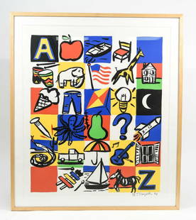 TOM SLAUGHTER (AMERICAN 1955 - 2014): ALPHABET, 1992 Color silkscreen on paper, Edition 37/100, signed and date. Dimensions: Frame H 45.5" x W 39" , sight H 38.75" x W 32.75" Condition: Image need to be realigned on matting. Note: "Tom Sl