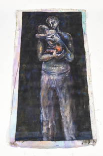 XANO ARMENTER (SPANISH 1956 - ) O\C: Untitled (man holding a child.),1993 Signed lower right and on verso X. ARMENTER 1993 APRIL 6 L.A; unframed Dimensions: H 64.5" x W 34.5" Condition: No issues to note