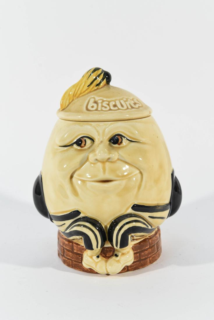 HUMPTY DUMPTY COOKIE JAR: Dimensions: H 11" x W 7 " x D 7.5" Condition: Some crazing.
