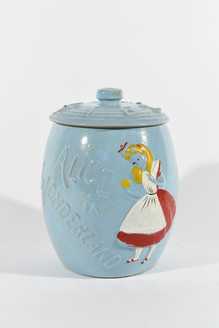ALICE IN WONDERLAND COOKIE JAR: Dimensions: H 9" x W 6.5" Condition: Paint loss.