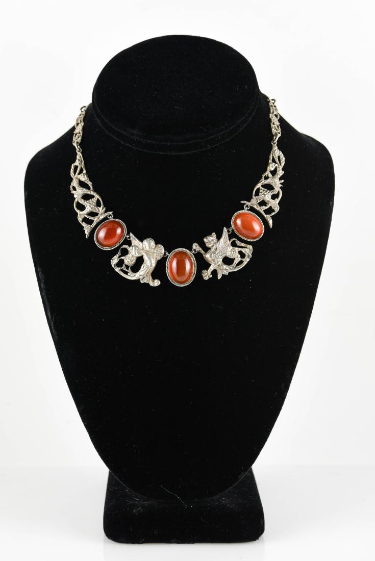STERLING SILVER & CARNELIAN ANTIQUE NECKLACE: With carnelian like glass stones. Dimensions: L 13.5" Weight: 1.14ozt Condition: No issues to note