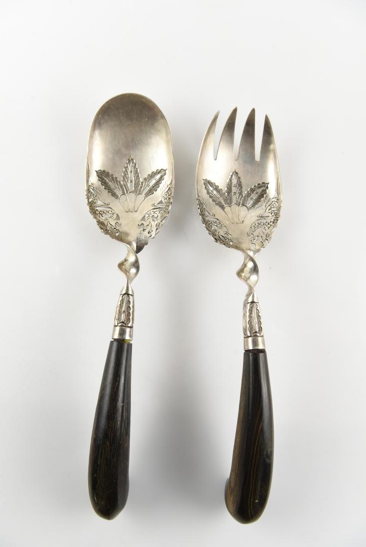 STERLING SILVER AND WOOD SERVING UTENSILS: 9.5" Hallmarked