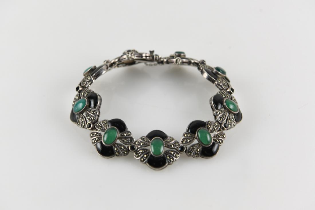 STERLING SILVER AND ENAMEL BRACELET: Sterling silver, marcasite, glass. Dimensions: L 7.5" x W 0.50" Weight: 0.95 ozt Condition: No issues to note