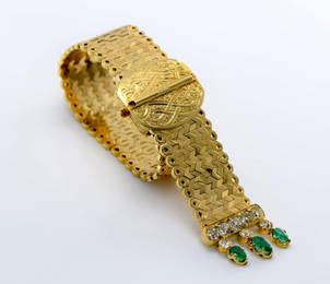 Estate Vintage 18K YG Diamond & Emerald Bracelet, C1940