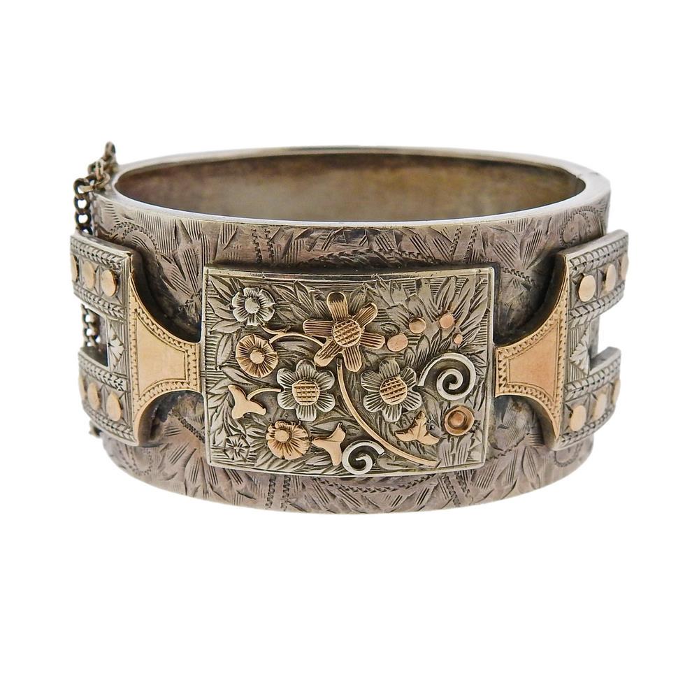 Antique Victorian Sterling 14K Gold Bangle Bracelet (1 of 5)