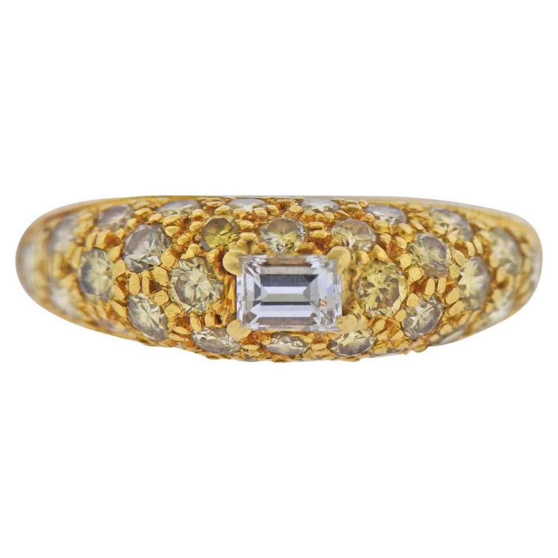 Van Cleef & Arpels Diamond Gold Ring: 18k yellow gold ring by Van Cleef & Arpels, with approx. 1.30ctw in diamonds. Ring size - 5.75, ring top is 6.5mm wide. Marked: NY 46649, 585, Van Cleef & Arpels. Weight - 4.4 grams.