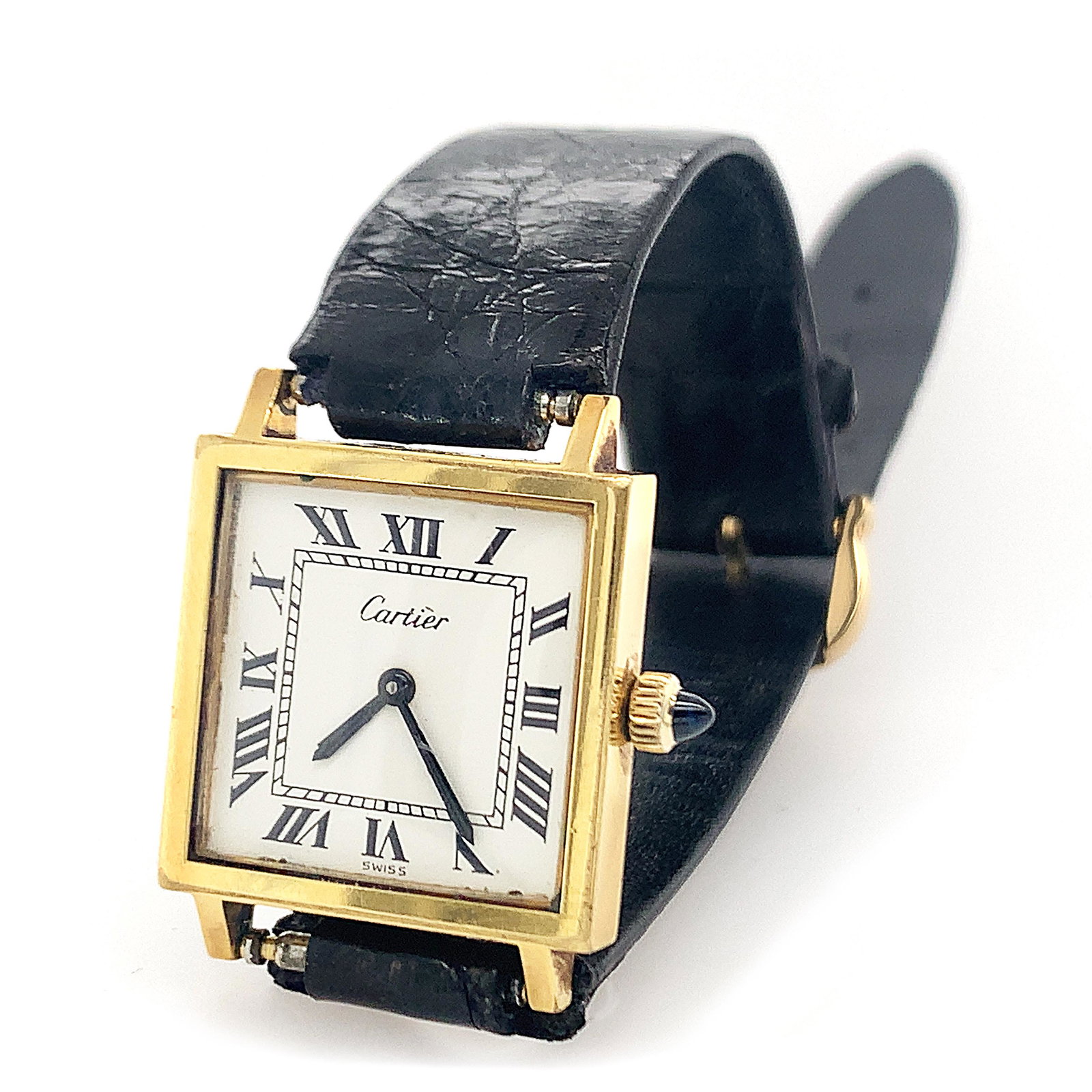 Cartier Lady's Wrist Watch: Vermeil gold colored tank watch 7/8" dial, signed Cartier PLAQUE OR G .20.m SWISS