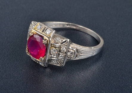 Art Deco platinum ruby & diamond ring: Platinum ruby & diamond with ruby approximately 1.4 ct , 16 single cut diamonds = 0.35 ct Signed 10% IRID PLATINUM Gross weight: 2.9 dwt Ring size 7 3/4