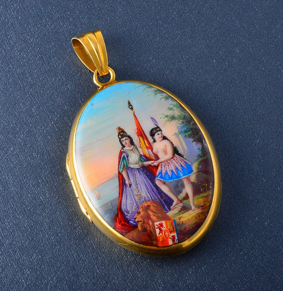Antique enamel locket pendant: The locket is hand painted with two figures decorated with rose diamonds Dimension: 1 1/2" x 2" Gross weight: 20.6dwt Note: small dent on the back