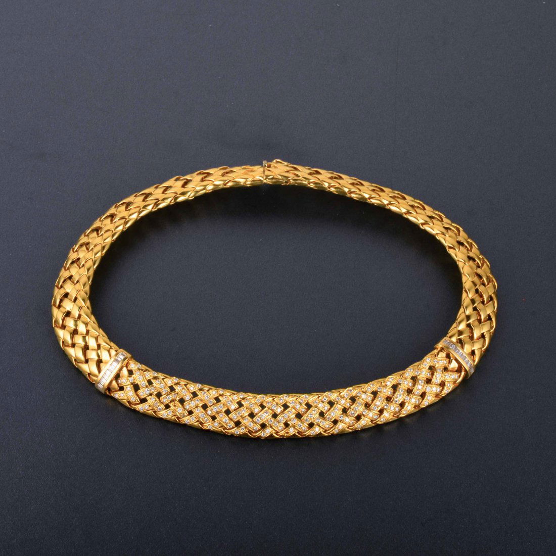 18K Yellow Gold Diamond Necklace: Heavy 18K yellow gold and diamond open weave necklace Signed 18K 216 diamonds approx. 4 ct ( 2 missing) 20 baguette diamods approx. 1 ct Measure 15 1/2" x 5/8" Weight 83.4 dwt