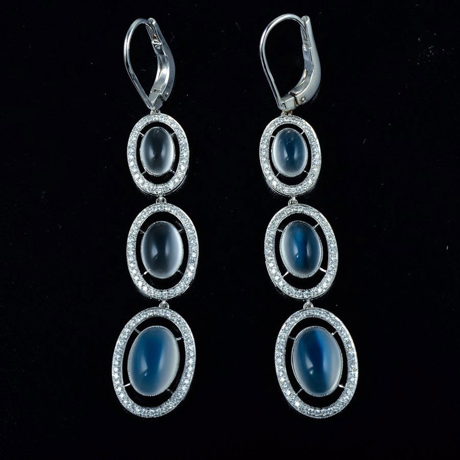 Eli Frei 18K WG Moon Stone Diamond Earrings: "Stamped 18K, Frei. White gold moonstone earrings, set with approx. 192 RBC diamond weighing 1.92CT. The earrings weigh 1.92DWT, and measure cm long."