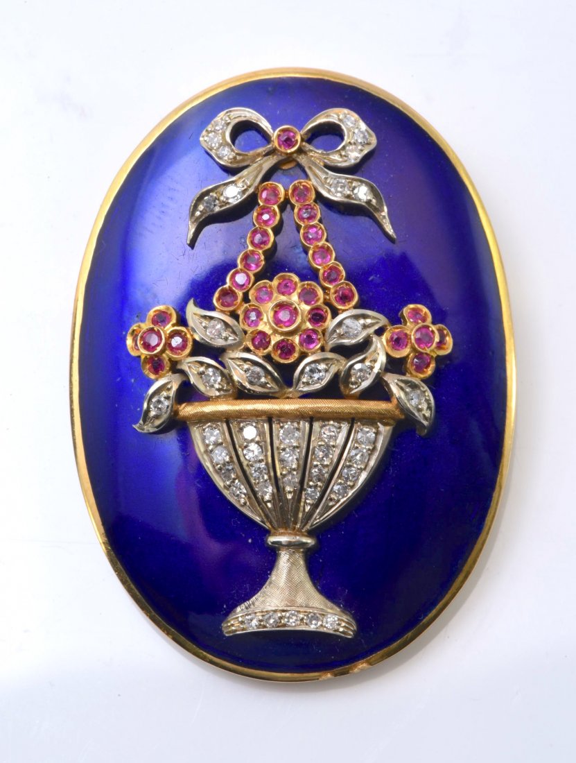 18k YG Diamond, Ruby and Enamel Pin Pendant (1 of 4)