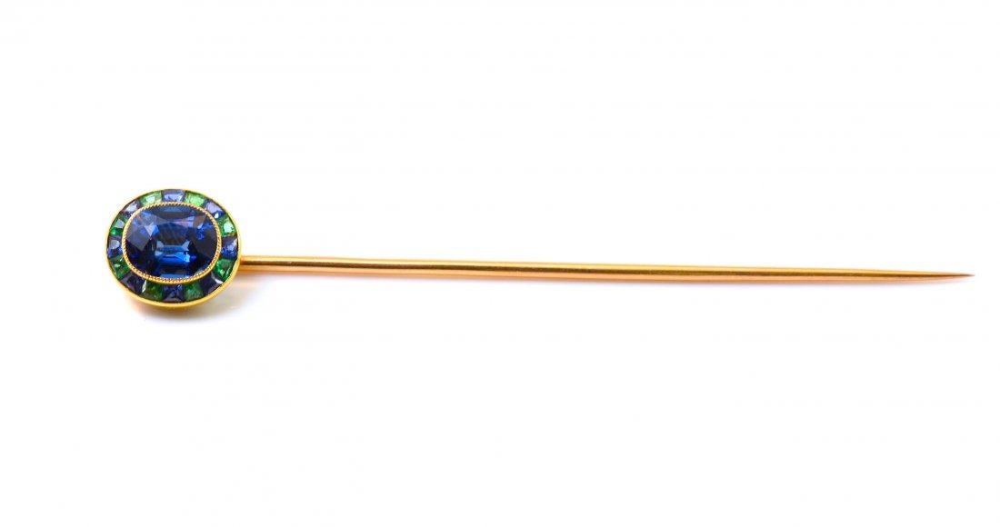 18K Yellow Gold Very Fine Sapphire & Emerald Stick Pin. (1 of 2)