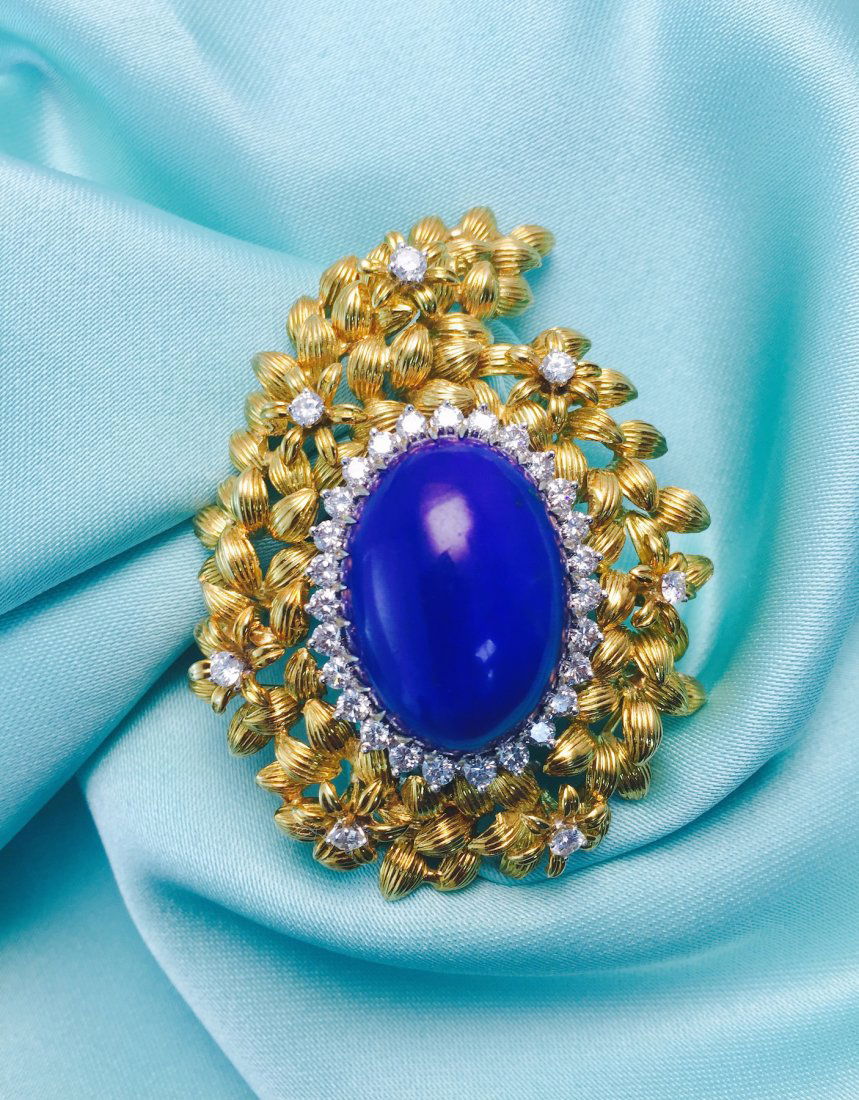 18K YG Lapis and Diamond Brooch, From 1960-70. (1 of 4)