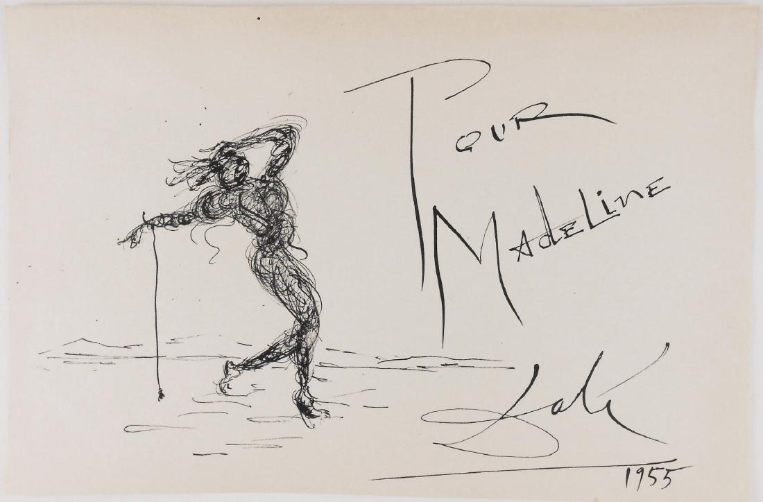 Salvador Dali (1904-1989) Pen & Ink Drawing: Black ink drawing on wove paper, untitled (surrealist figure), attributed* to Salvador Dali (1904-1989). Possibly created by the artist as a souvenir or gift. Signed and dated 1955 and inscribed, "Pou