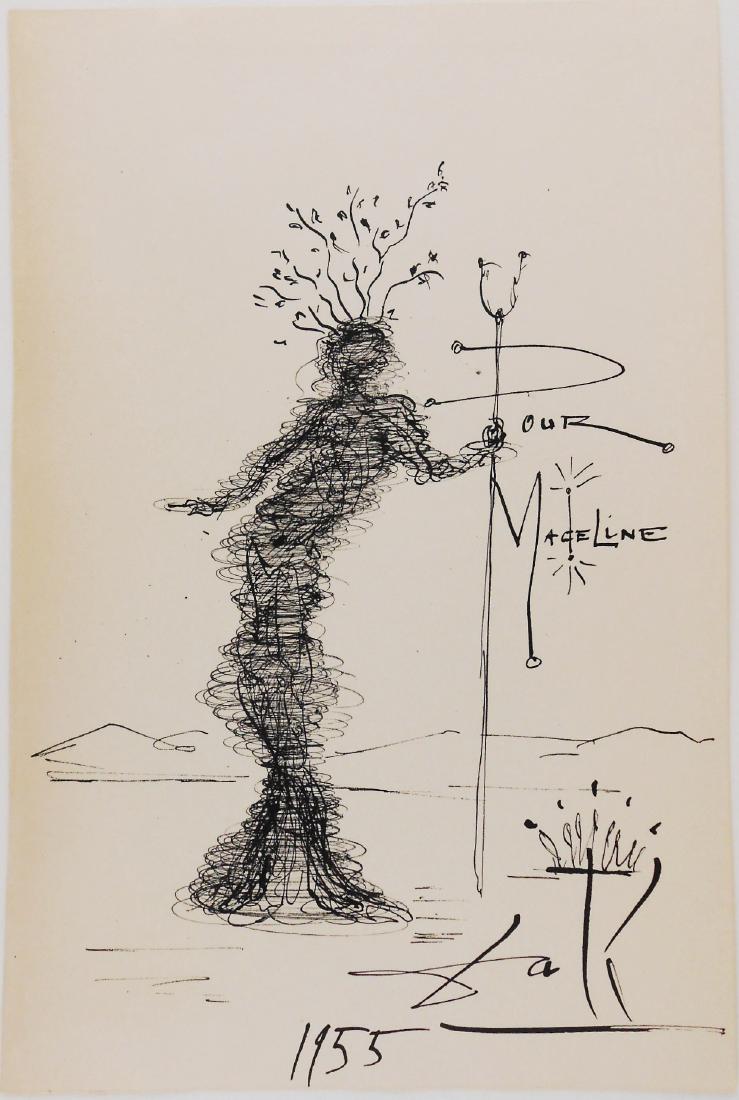 Salvador Dali (1904-1989) Pen & Ink Drawing: Black ink drawing on wove paper, untitled (surrealist figure), attributed* to Salvador Dali (1904-1989). Possibly created by the artist as a souvenir or gift. Signed and dated 1955 and inscribed, "Pou