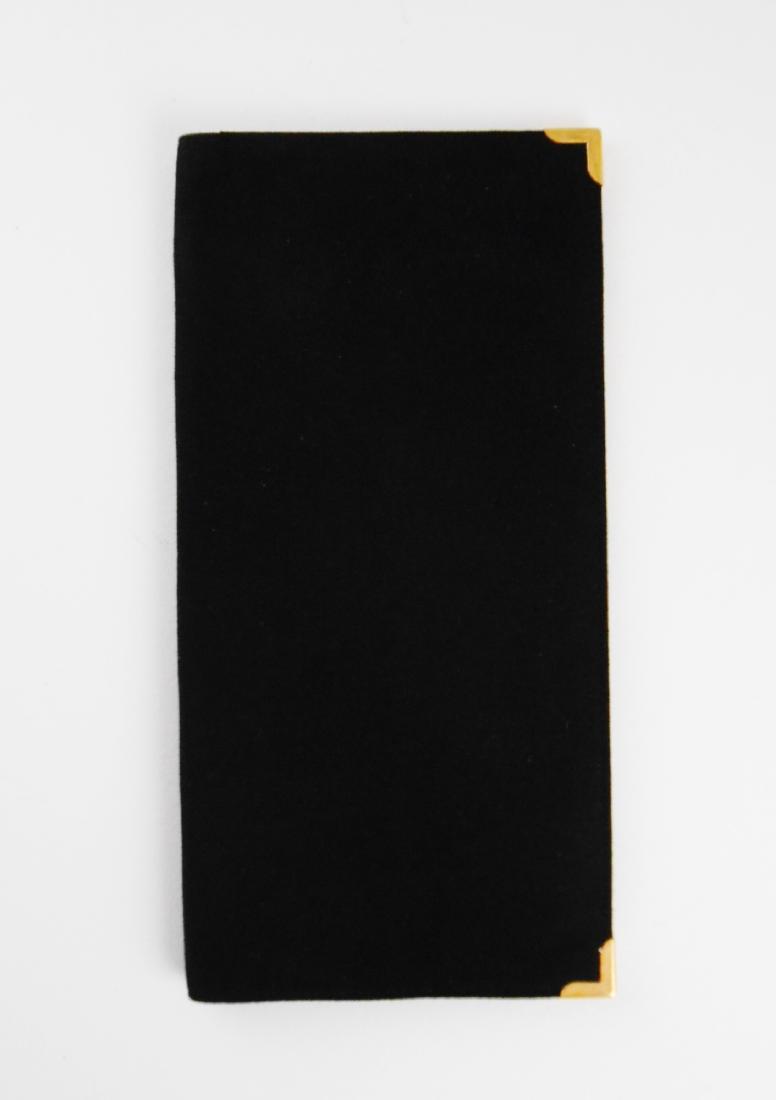 Gucci Vintage Suede & 18KT Gold Billfold: Beautiful black suede billfold with 18KT gold corner brackets, each hallmarked "Gucci 750." Excellent condition. 7 x 3 1/2 inches.