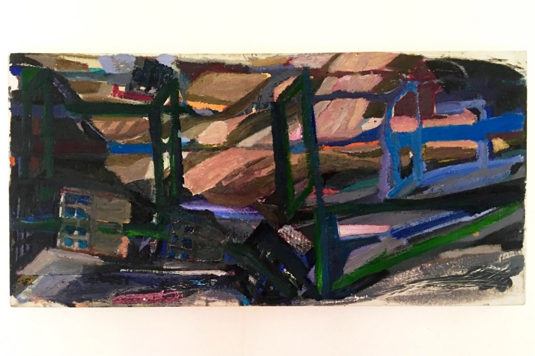 Rory Parks (b. 1982) Oil On Canvas: Oil on canvas, Bridge 1 of 3 (Inside the Monastic Volume of the Calendar), by Rory Parks (b.1982). 41.5 x 20.5 inches. Excellent condition. Artist's Biography: Rory Parks was born in 1982, and current