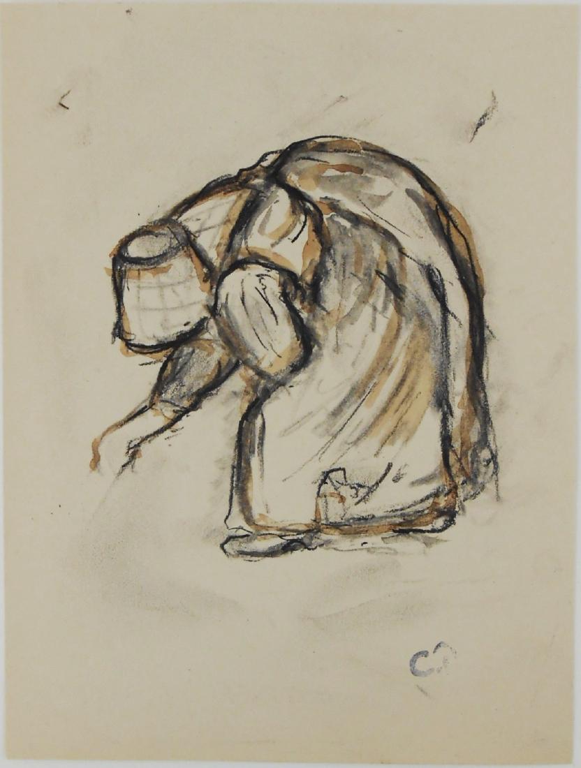 Camille Pissarro (1830-1903) Black Chalk Drawing: Black chalk drawing with grey and sepia wash on fine laid drawing paper, woman bending forward, attributed* to Camille Pissarro (1830-1903). Estate stamp with the initials. 7 1/4 x 5 1/2 inches. Very 