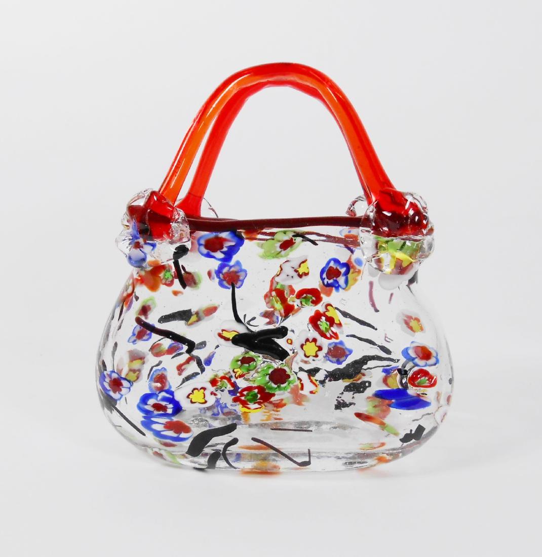 Italian Millefiori Art Glass Purse: Italian millefiori art glass purse, circa mid-20th century. 7 x 8 inches. Very good condition.