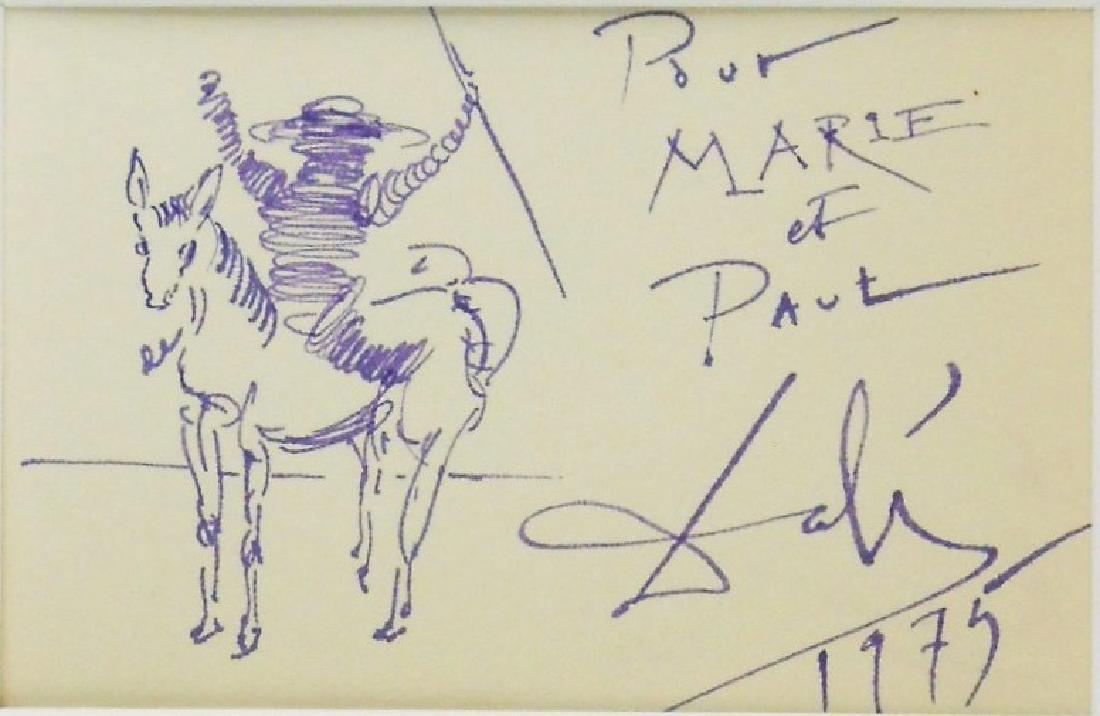 Salvador Dali (1904-1989) Purple Ink Drawing: Purple ink souvenir drawing, Sancho Panza (Don Quixote's faithful squire), attributed* to Salvador Dali (1904-1989). Signed, dated 1975, and inscribed "Pour Marie et Paul." 4 3/8 x 6 inches. Excellent