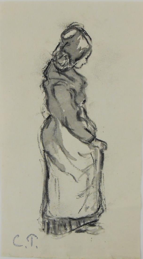 Camille Pissarro (1830-1903) Black Chalk Drawing: Black chalk drawing with grey wash on fine laid drawing paper, woman, attributed* to Camille Pissarro (1830-1903). Estate stamp with the initials. 7 1/8 x 3 7/8 inches. Very good condition. Unframed f