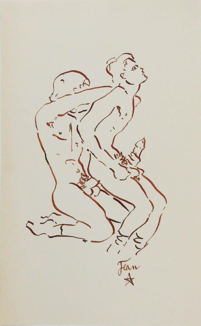 Jean Cocteau (1889-1963) Erotic Drawing: Brown ink drawing on fine wove paper, male erotic scene, attributed* to Jean Cocteau (1889-1963). Signed. 9 1/2 x 5 7/8 inches. Hinge remnants from previous framing on reverse, otherwise very good con