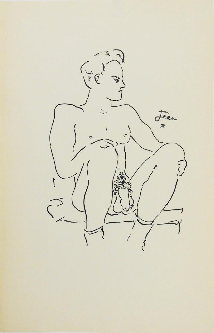 Jean Cocteau (1889-1963) Erotic Drawing: Black ink drawing on fine wove paper, nude male erotic scene, attributed* to Jean Cocteau (1889-1963). Signed. 10 1/4 x 6 5/8 inches. Hinge remnants from previous framing on reverse, otherwise very go
