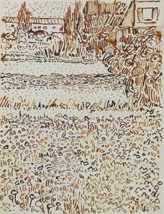 Vincent Van Gogh (1853-1890) Ink Drawing: Dark reddish brown ink drawing on wove paper, landscape with distant buildings (possibly a study for a painting), attributed* to/in the manner of Vincent van Gogh (1853-1890). Signed lower left quadra