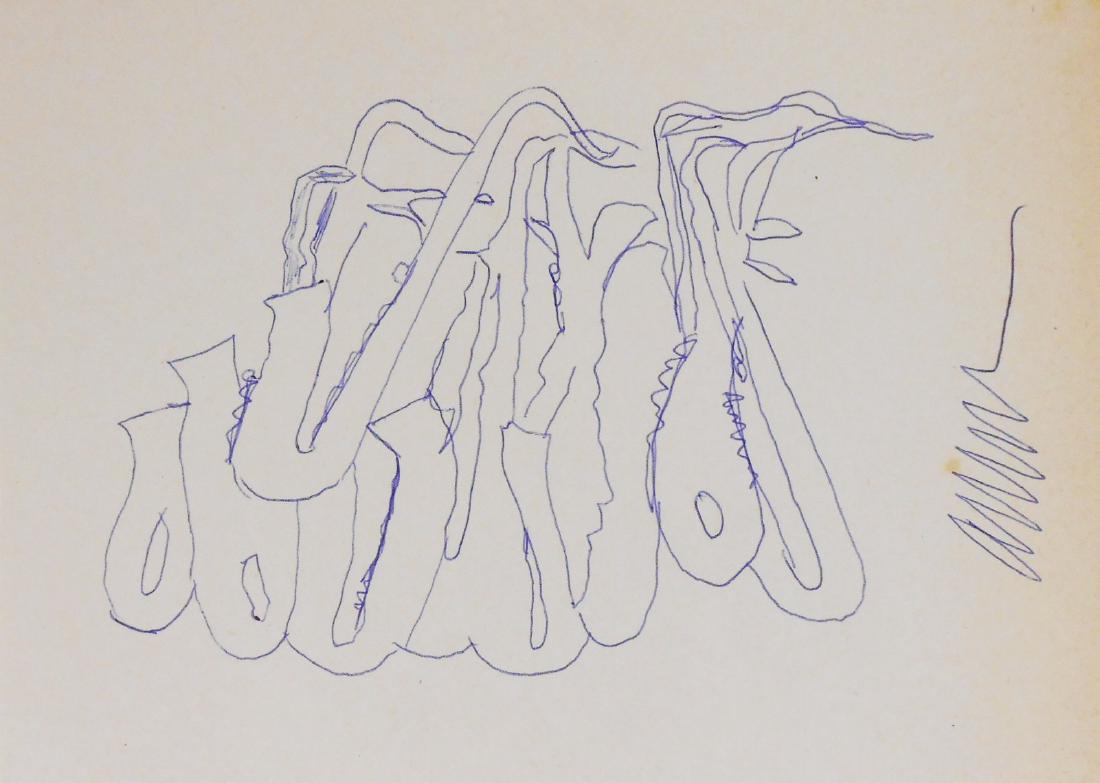 Fernandez Arman (1928-2005) Drawing: Ballpoint pen on paper, untitled (accumulation of saxophones), by Fernandez Arman (1928-2005). Signed. 14.7 cm x 20.3 cm. Very good condition. Unframed for inspection and shipping. Provenance: Private