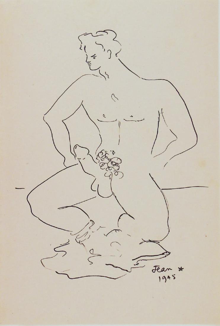 Jean Cocteau (1889-1963) Erotic Drawing: Pen and black ink erotic drawing on wove paper, seated male youth, attributed* to Jean Cocteau (1889-1963). Signed and dated 1945, lower right. 11 x 7 1/2 inches. Hinge remnants to reverse from prior 