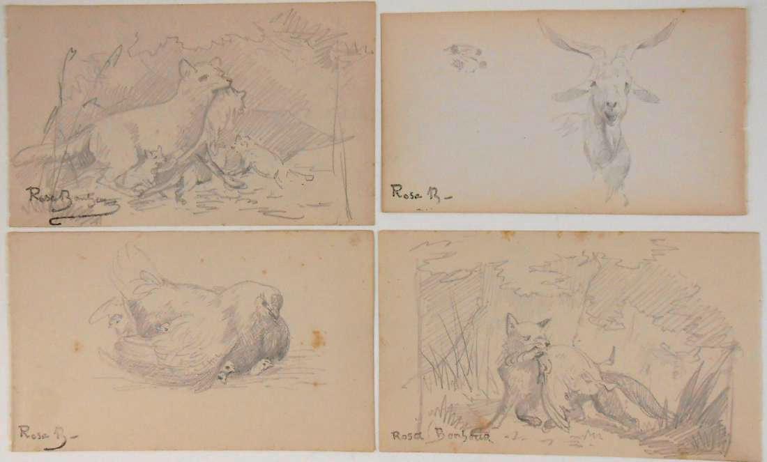 Rosa Bonheur (1822-1899) Pencil Drawings: Group of four pencil sketches, animal studies, attributed* to Rosa Bonheur (1822-1899). With artist's stamped signature. 5 7/8 x 3 3/8 inches each. Very good condition. Unframed for inspection and pos