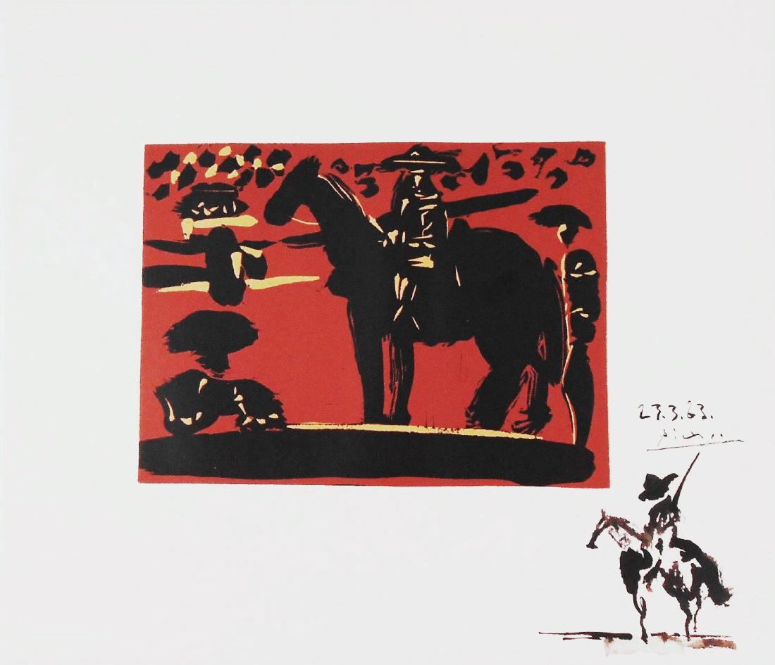 Pablo Picasso (1881-1973) Unique Linocut: Black ink drawing of a mounted picador attributed* to Pablo Picasso (1881-1973) and executed in the margin of his linoleum cut, Mounted Picador. This is the facsimile edition printed by Abrams in 1962
