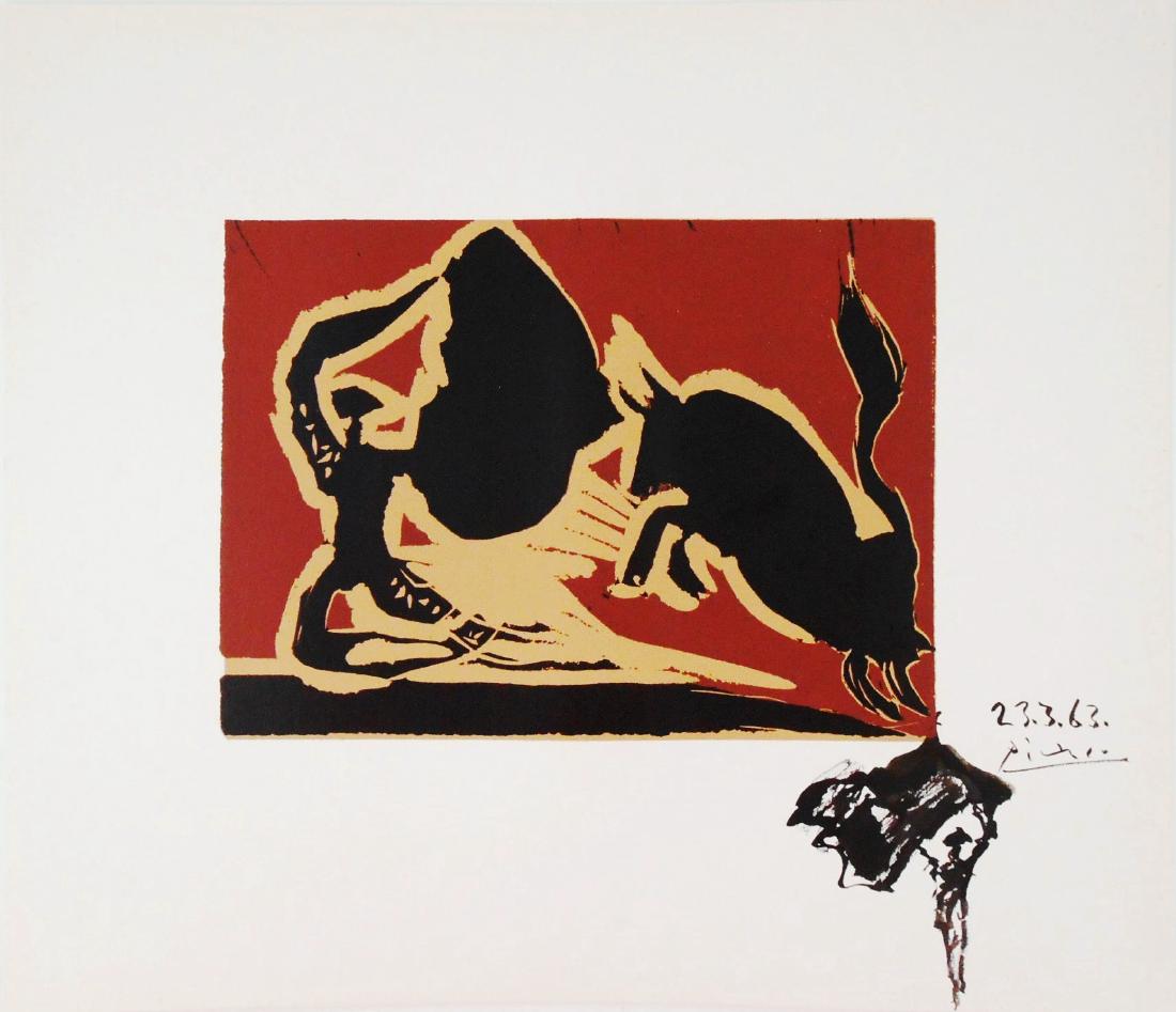Pablo Picasso (1881-1973) Unique Linocut: Black ink drawing of a matador with cape attributed* to Pablo Picasso (1881-1973) and executed in the margin of his linoleum cut, Bull Charging a Capa. This is the facsimile edition printed by Abrams 