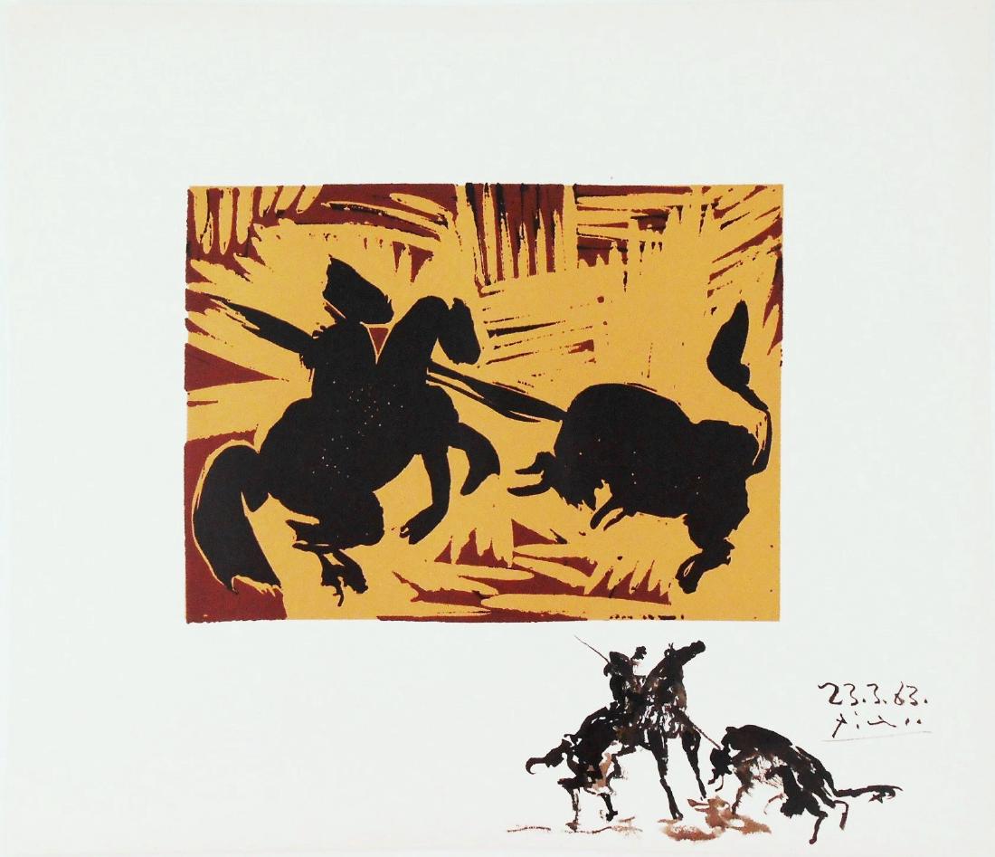 Pablo Picasso (1881-1973) Unique Linocut: Black ink drawing of a mounted picador and bull attributed* to Pablo Picasso (1881-1973) and executed in the margin of his linoleum cut, The Goading of the Bull. This is the facsimile edition printed 