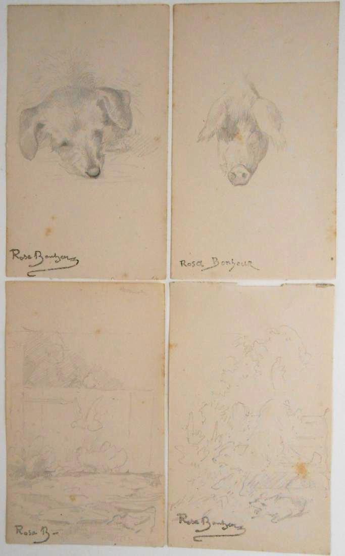 Rosa Bonheur (1822-1899) Pencil Drawings: Group of four pencil sketches, animal studies, attributed* to Rosa Bonheur (1822-1899). With artist's stamped signature. 5 7/8 x 3 3/8 inches each. Very good condition. Unframed for inspection and pos