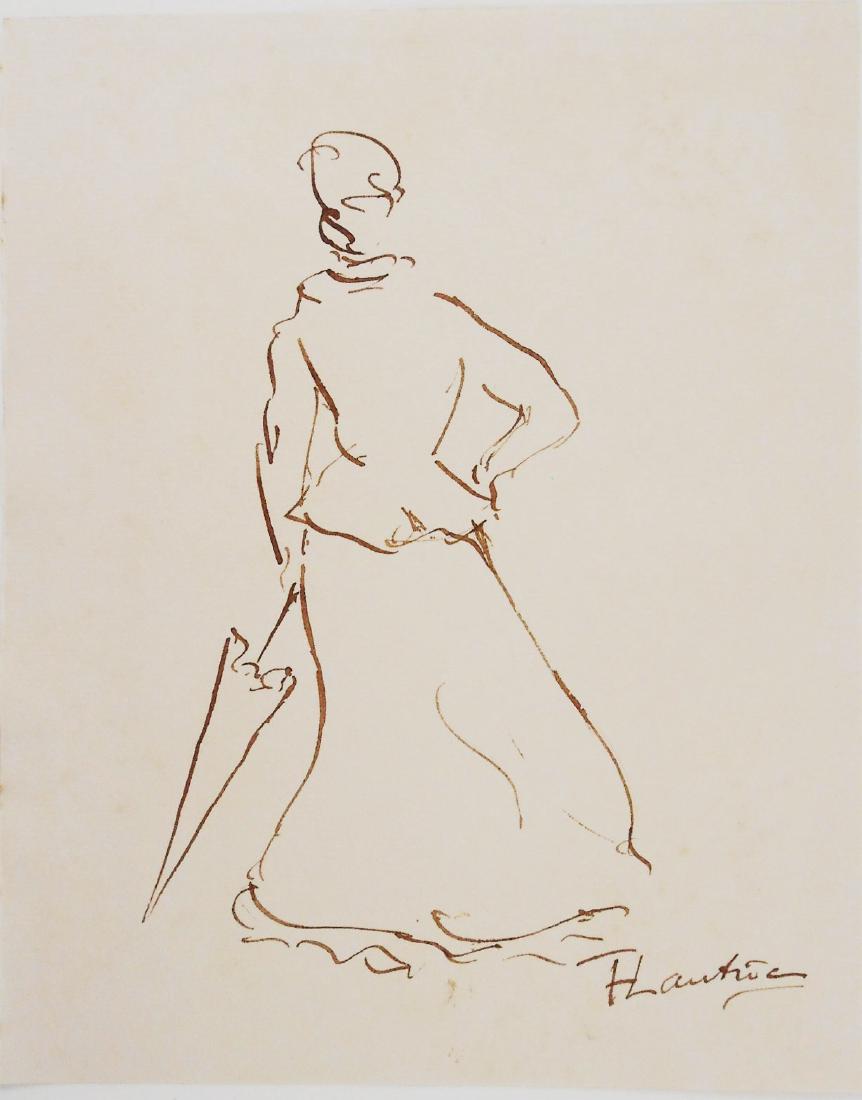 Henri De Toulouse-Lautrec (1864-1901) Ink Sketch: Brown ink drawing on fine laid paper, Woman with an Umbrella, attributed* to Henri de Toulouse-Lautrec (1864-1901). 9 1/2 x 7 5/8 inches. Very good condition. Unframed for inspection and shipping. Pro