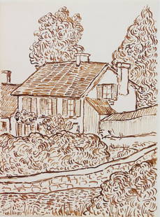 Vincent Van Gogh (1853-1890) Pen & Ink Drawing: Pen and brown ink on fine laid paper, landscape with house and stone wall, attributed* to/in the manner of Vincent van Gogh (1853-1890). Signed, lower left corner. 10 1/2 x 7 3/4 inches. Very good