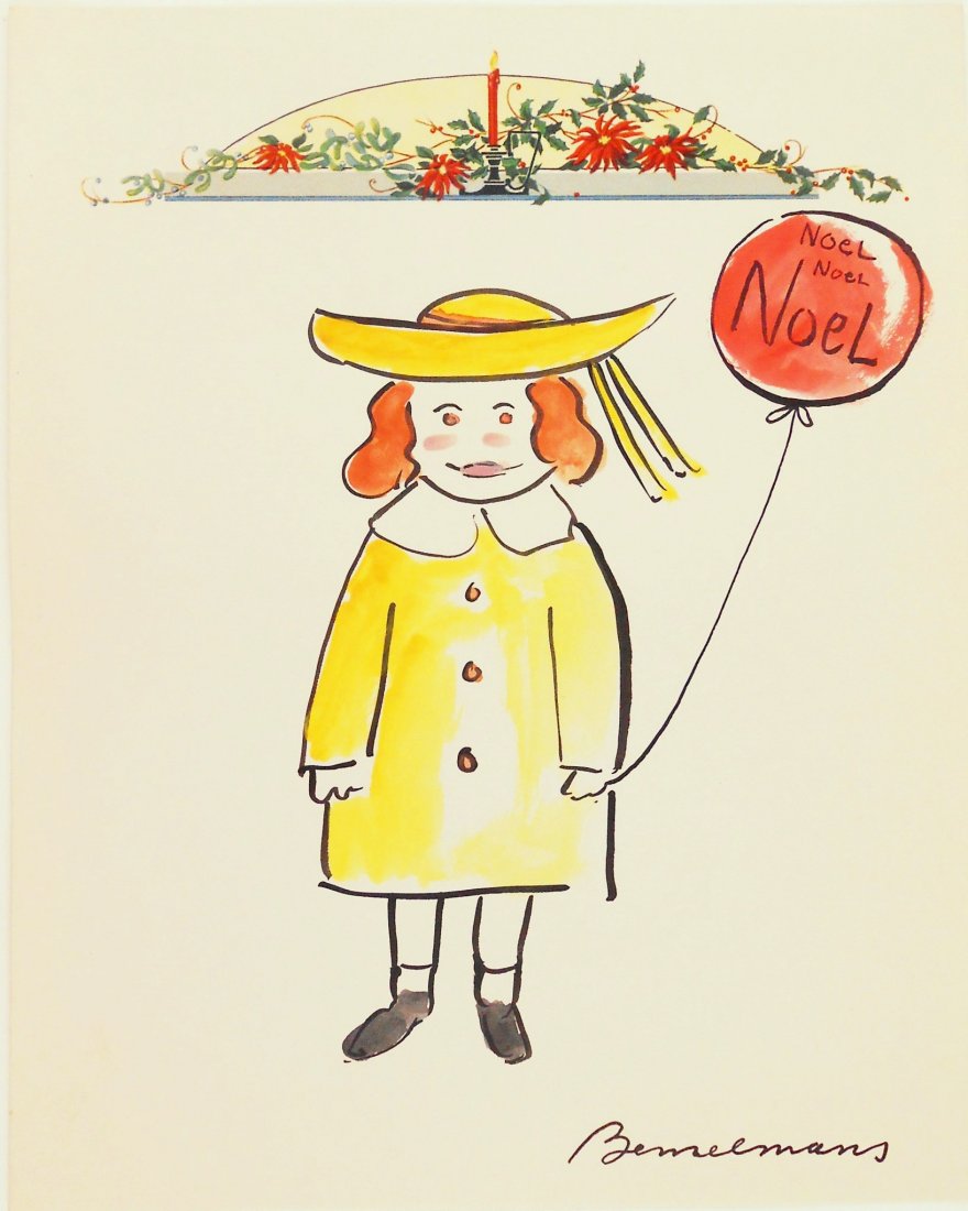Ludwig Bemelmans (1898-1962) Watercolor: Ink and watercolor drawing, Girl with Balloon, by Ludwig Bemelmans (1898-1962). Signed. Drawn on a sheet of Christmas stationary, circa 1959. 10 3/8 x 8 1/4 inches. Very good condition. Unframed for i