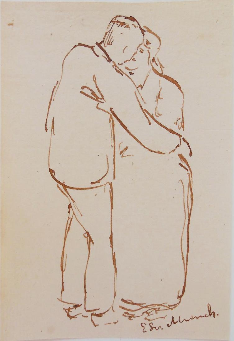Edvard Munch (1863-1944) Pen & Ink Drawing: Brown ink sketch on fine laid drawing paper, couple embracing, attributed* to Edvard Munch (1863-1944). Signed. 5 1/2 x 3 5/8 inches. Very good condition. Unframed for inspection and shipping.Provenan