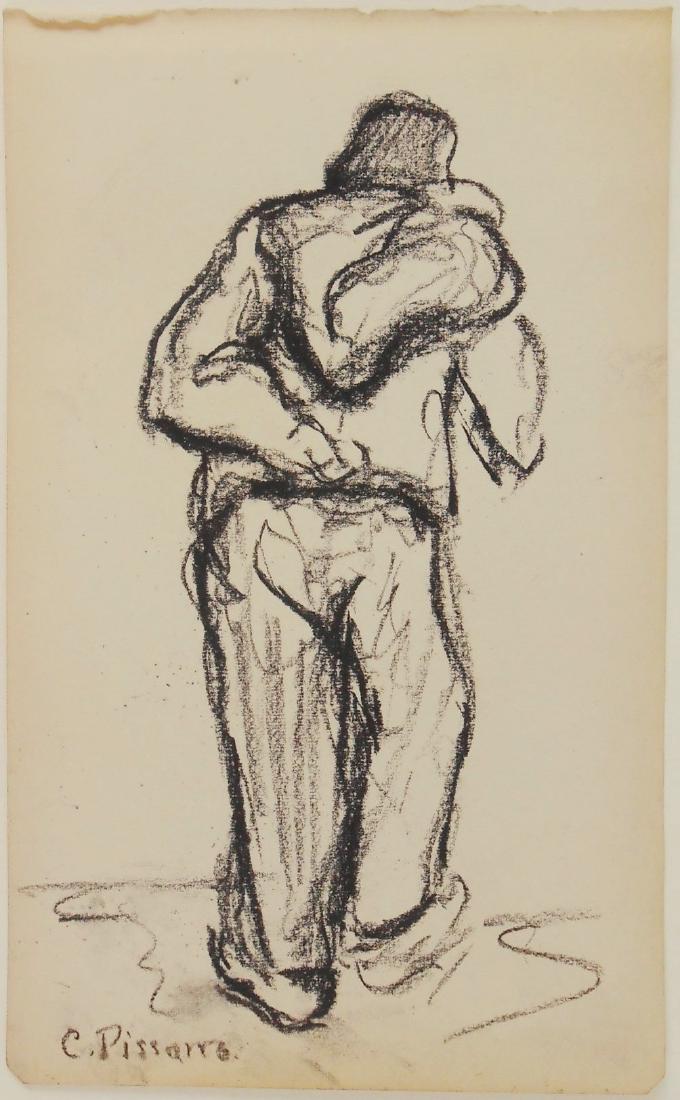 Camille Pissarro (1830-1903) Charcoal Drawing: Charcoal drawing on wove paper, walking figure, attributed* to Camille Pissarro (1830-1903). Signed. 8 1/4 x 5 inches. Very good condition. Unframed for inspection and shipping. Provenance: Acquired f
