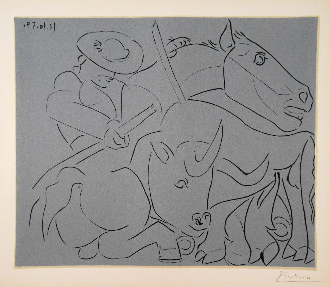 Pablo Picasso (1881-1973) Linoleum Cut: The Broken Lance. October 13, 1959 (black, light blue-gray). Facsimile color linoleum cut, Abrams edition, 1962, after the original by Pablo Picasso (1881-1973), created under the direction of the art
