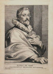 Lucas Vorsterman (1595-1675) Copper Engraving: Copper engraving, Petrus de Iode, after Anthonius Van Dyck (1599-1641), by Lucas Emil Vorsterman I (1595-1675). Very fine impression. Some slight foxing in margin. Sheet Size: 11 1/4 x 8 1/8 inches.