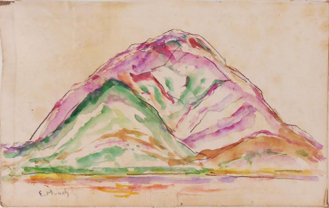 Edvard Munch (1863-1944) Watercolor: Watercolor with charcoal highlights, "The Mountain," executed on the inside of an artist's sketchbook cover, attributed* to Edvard Munch (1863-1940). Signed. 5 1/4 x 8 1/2 inches. Possibly a study for