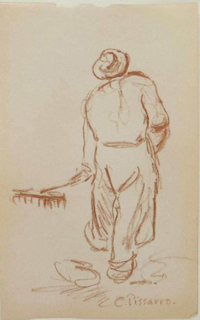 Camille Pissarro (1830-1903) Sanguine Drawing: Sanguine drawing, possibly from a sketchbook, man with a rake, attributed* to Camille Pissarro (1830-1903). Signed. 8 1/4 x 5 1/4 inches. Very good condition. Unframed for inspection and shipping. Pro